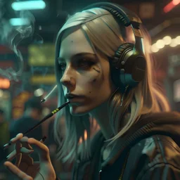 شابة تدخن مع سماعات الرأس، وجه أمامي، صورة hd 8 k, cyberpunk