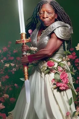 [Whoopi Goldberg] Without a moment's hesitation, Agatha, wielding her sword adorned with carved flowers, seized the opportunity. With a swift and precise movement, she struck beneath the tyrant's shoulder, piercing through his defenses and driving him to his knees.