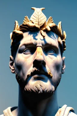 Ultra Realistic image, Roman sculpture, white marble material, Lionel Messi, gold Laurel leaves wreath, god crown, baroque ornaments, one gold star in heart, sun ornament, sun rays background, chisel style, waist up portrait, emperor style, epic, celestial, cinematic lighting, God light, god rays, 4k resolution, smooth details, ornate details, soft lighting, unreal engine 5, art station, substance 3d.