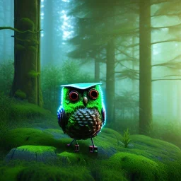 Mossy robot owl in a misty forest, 3d render, volumetric lighting