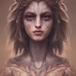 karlan, rusty metal, feathers, Dryad, fae, sidhe, ominous, nature, plants, wildflower, facepaint, dnd character portrait, intricate, oil on canvas, masterpiece, expert, insanely detailed, 4k resolution, retroanime style, cute big circular reflective eyes, cinematic smooth, intricate detail , soft smooth lighting, soft pastel colors, painted Renaissance style
