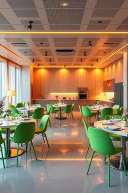 A 3D hyperrealistic image in 4K resolution of a modern party and birthday room approximately 100 square meters in size, with elegantly arranged tables, vibrant green chairs, and an abundance of warm soft light casting a celebratory ambiance, featuring a sleek kitchenette with stainless steel appliances and polished countertops, where guests can gather and mingle, surrounded by the warm glow of tabletop lamps and the subtle sheen of glossy flooring, with every detail meticulously rendered to crea