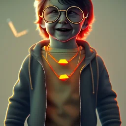 Harry Potter toddler, smile, cyberpunk headphone, sunglass, gangsta neckless, full body, orange puffer jacket, tokio background, dramatic lighting, hyper realistic, unreal engine 5, 16k