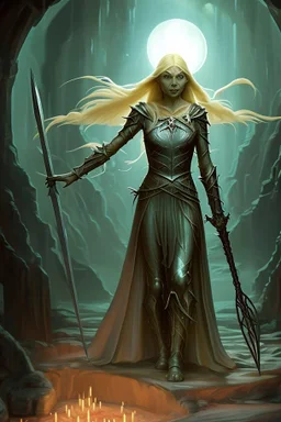 Galadriel strode into the midst of the filthy orc host, golden hair flowing around her like a mantle of light. Her gleaming blade flashed in the gloom of the dank cave as she cut a swath through the foul creatures. Black blood spurted from severed limbs and clove heads. Orcs shrieked and fled before her terrible form - the wrath of the Eldar kindled to white-hot flame.