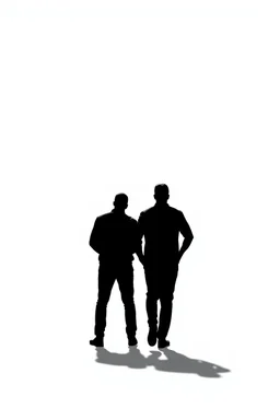 black silhouette of two men walking away from the camera on solid white background