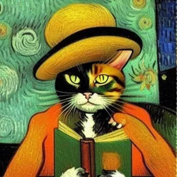 oil portrait of a cat with hat reading a book and smoking with wooden pipe by Van Gogh 8k