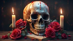 hyperrealistic human hybrid skull, lit candle on top of the skull, dripping wax, Shakespeare in love, large colored roses with stem, 8K, 3D., 3d render, illustration, typography, cinematic, painting, poster, photo, architecture, product, fashion, anime, graffiti, dark fantasy, wildlife photography, conceptual art, vibrant, portrait photography, bright and vibrant neon colors,