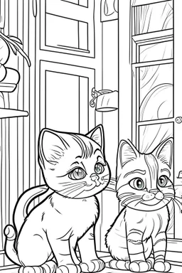 coloring page for kids, Cats in the house, cartoon style, thick lines, low detail, no shading