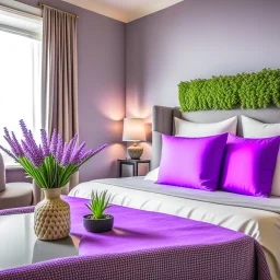 Concept of lavender flower in a hotel bedroom, modern classic style, lavender colors