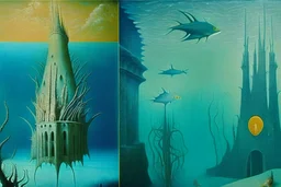 an underwater city with coral towers by "Leonora Carrington" and "Max Ernst"