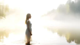 A serene summer haven at dawn: A blonde Caucasian woman in a white sundress stands by a tranquil lake, mist rising, sun barely visible.