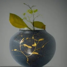 photo of a small cracked ceramic vase repaired with gold, kintsugi, beautiful, vines and leaves, rosebuds, delicate, cinematic, high detail, beautiful composition, delicate arrangement, aesthetic, soft lighting, award winning photography, tender