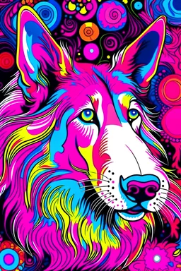 pink Collie in percy jackson style , fun colorfull, psychedelic