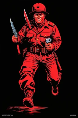 native canadian soldier(uniform and face based on racist steriotypes) running towards viewer, a knife i one hand, and a gun(barrel pointing at viewer) in the other. blocky retro 1960's jack kirby style poster in monochrome with white background