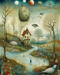 Richly textured Hieronymus Bosch, Catrin Welz-Stein, William Turner, Zdzisław Beksiński, Jacek Yerka oil on canvas zentangle line art style mix, surreal frosted fantasyland winter oceanscape, hoarfrost on trees, high grasses, snow and cottages, withered flowers, pale sunrise; paint splatter, beautiful vibrant colors, reflections, SK, flying seagulls, dramatic clouds, snowfall.