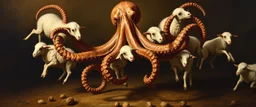 master oil painting by Rembrandt, octopus holding 8 sheep while 9 run away