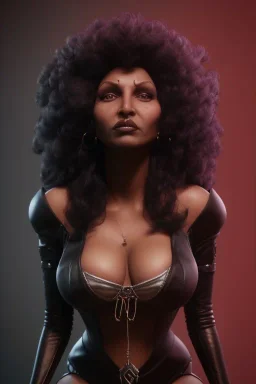 Pam Grier as evil queen in black leather, leather, busty, cleavage, angry, stern look. character design by cory loftis, fenghua zhong, ryohei hase, ismail inceoglu and ruan jia. unreal engine 5, artistic lighting, highly detailed, photorealistic, fantasy