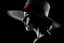 a striking artistic portrait with a dramatic film noir aesthetic. The image shows a woman in profile wearing a wide-brimmed hat, rendered in a high-contrast black and white style with selective red coloring on the hat and lips. The technique creates a textured, almost sketched appearance that gives it an elegant, vintage feel. The composition emphasizes mystery and sophistication - the shadowing obscures most facial details while the red accents draw attention to the hat and lips, creating a bol