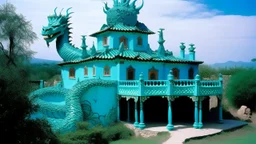 A cyan palace on a peak with a dragon guarding it designed in African pottery painted by Andy Warhol