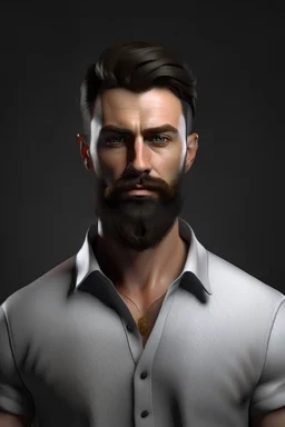 Ultra realistic photograph of muscular male in white button up shirt, dark hair cut short and neatly trimmed beard