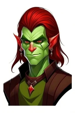 very smart half orc teenaged boy, hes strong and not pretty, his hair is dark red and shoulder length, he wears an earring and black clothing with green skin and pointed teeth, realistic style