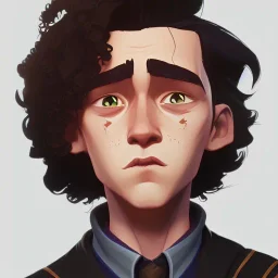 Portrait of a 9 year old wizard boy with big lips and curly hair Nick Harris style