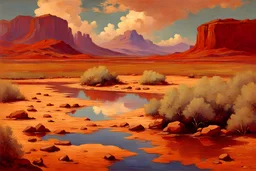 Arid land, clouds, mountains, rocks, puddle, vegetation, otto pippel impressionism painting