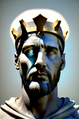 Ultra Realistic image, Roman sculpture, white marble material, Lionel Messi, gold crown of natural thorns, god crown, Renaissance style, sun rays background, waist up portrait, epic, celestial, cinematic lighting, God lights, 4k resolution, smooth details, soft lighting, unreal engine 5, art station, substance 3d.