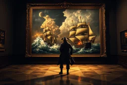 create a surreal oil painting in Rembrandt-style lighting: a pirate stands before a massive baroque-framed naval painting in a dark museum. The sea battle within the painting spills out into the gallery — waves crashing onto the marble floor, mist and smoke filling the air, cannons firing, sails emerging from the canvas. The pirate is illuminated by golden light from the scene, his coat caught in the storm wind. Reflections shimmer on the walls. Rich chiaroscuro tones, deep shadows and warm high