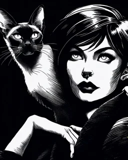PROMPT: Monochrome ink illustration of a mature woman with long silver hair, eyes gazing upward, lips parted in thought, a Oriental shorthair Siamese cat draped on shoulder, staring sideways with sly expression. Deep shadows emphasize contours and texture. Bold hand-drawn lines, scratched ink details, black background creates isolation. Gothic comic aesthetic, vintage pulp tone, emotional stillness, surreal tension, expressive portrait in graphic noir style