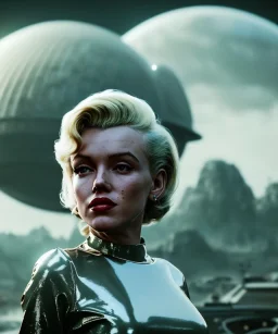 Ultra Realistic retro sci-fi scene, portrait, 2 blonde woman clones, sweet young Marilyn Monroe face, perfect iris, tight latex coat, helmet, Strange planet background. Spaceship, fog, rain, soft color, highly detailed, unreal engine 5, ray tracing, RTX, lumen lighting, ultra detail, volumetric lighting, 3d, finely drawn, high definition, high resolution.