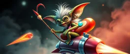 hairy macho disco gremlin alien pimp Homunculus – living in a hi tech marvellous hot dog art graphics and gems on rocket with a mounted sling shot mega harpoon, heading for venus , background motion blur and smoke swirls
