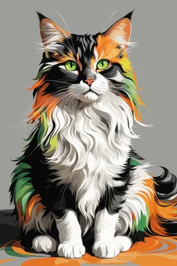 Pop art of a beautiful cat with long, wavy, thick hair, pointed ears, bright green eyes, orange, black and white colors, ultra quality, (((full body))), sitting on the floor