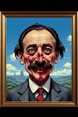 The painting of Salvador Dali in the style of grotesque caricatures, hyperrealistic landscapes, #pixelart, richly detailed genre paintings, time-lapse photography, haunting structures, zombiecore , in the style of quirky figurative ian spriggs paul barson comical figurative jim lively.