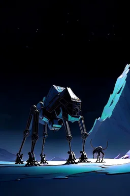 a minimalist silhouette of a sleek mechanical walker with eight legs scaling a very steep snow covered side of mout everest at night, it has a smooth surface, it has storage pods on its belly and humans can fit in the pods