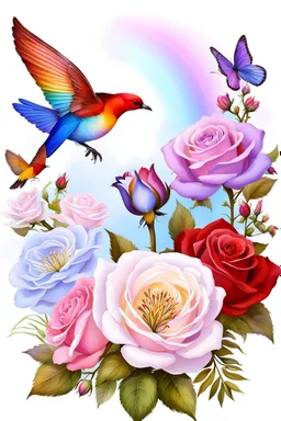 Trés belles roses, rainbows, beautiful colors gardens , flowers, cascades,Birds, butterfly
