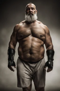 full body human figure shot photography from the ground of a burly ugly chubby 38 year old turkish boxer with big broken nose, silver beard, muscular beefy man shirtless, manly chest, big shoulders, photorealistic , side light, in a dark room, view from the ground