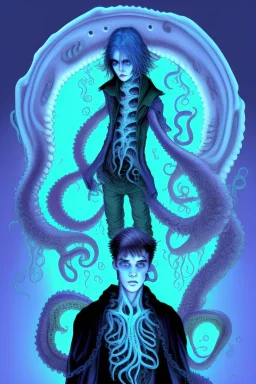 16 year old boy warlock with milky blue eyes, and fanged tentacle growing out of his belly. in the style of HR Giger