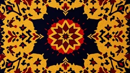 Front Symmetrical View Of Ethnic Cultural Pakistani Sindhi Ajrak Pattern. Using Colors Golden, Navy-Blue, Maroon And Black With a Hexagonal Shape In The Exact Center And Middle.