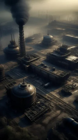 A bird view , An oil refinery and nuclear power station tanks and buldings , surrounded bard , with old abandoned buildings .surrealism of the dark of a nightmare ten miles high and six foot deep, hyper photorealistic, hyper detailed dark art color, high resolution, fog, octane render, tilt shift, HDRI Environment, all pictures dark gray and brown