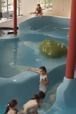 girl with messy bun sitting on a desk working on het laptop. While children are playing in the pool.