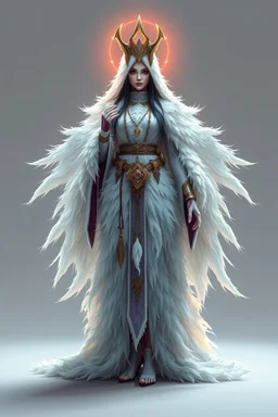 good low poly meerman priest woman with long fur all over her entire body and bright aura