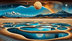 Abstract Landscape with surreal iced desert, mountains, iced water, reflections, sharp lights and shadows . The scene features circles, lines and ovals, all enhanced by overlapping, adding depth and dimension. In the scene old bones lying in sand in the right side. The sky is dramatic, filled with swirling dark clouds , creating an intense atmosphere. The color palette consists of rich, deep hues, watercolor and dark ink, like a dark dream