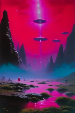 A purplish magenta outer space with UFOs designed in native American petroglyphs painted by Birge Harrison