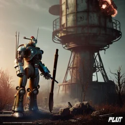 fallout 4 character, brad pit windmill robot with axe in the streets of cyberpunk city filling up car, gaz station, unreal, spray paint, clay, vox model