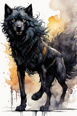 ink wash and watercolor full body concept illustration of an anthropomorphic, adventurous Black Wolf, urban guerilla girl character with wildly flowing hair, ornately dressed with highly detailed feathers and facial features in the comic book style of Bill Sienkiewicz and Jean Giraud Moebius, with a fine art aesthetic, highly detailed , boldly inked, 4k UHD cinegraphic quality