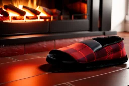 Red plaid slippers on black bearskin rug,log cabin walls, stone fireplace