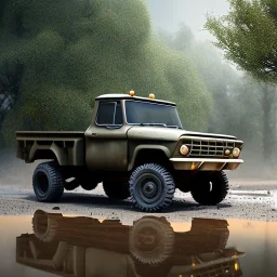 photorealistic shot, muddy military toy truck, monotone color palette, sharp focus, puddle reflection, tire water splash, refraction, mist on the horizon, shadowcast, detailed and intricate, cinematic composition, micro, tilt shift photography