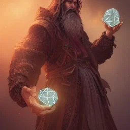 Insanely detailed photograph of an “D&D twilight cleric holding glowing D20” with intricate detailed beard, intricate clothing, hyperdetailed painting by Ismail Inceoglu Huang Guangjian and Dan Witz CGSociety ZBrush Central fantasy art album cover art,8K, hdr, mysterious, flickeringlights ,Stoic