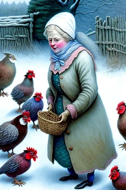 Friendly witch, playing with hens, perfect eyes, pastel colours, snow, style Beatrix Potter